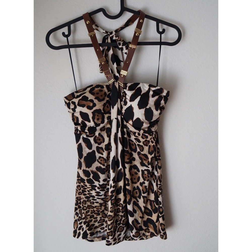 Cache animal print leather strap top